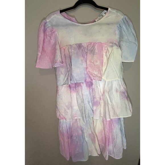 English Factory Tie Dye Pastel A Line Dress Tiered Ruffle Mini Dress Pink XS - Picture 3 of 8